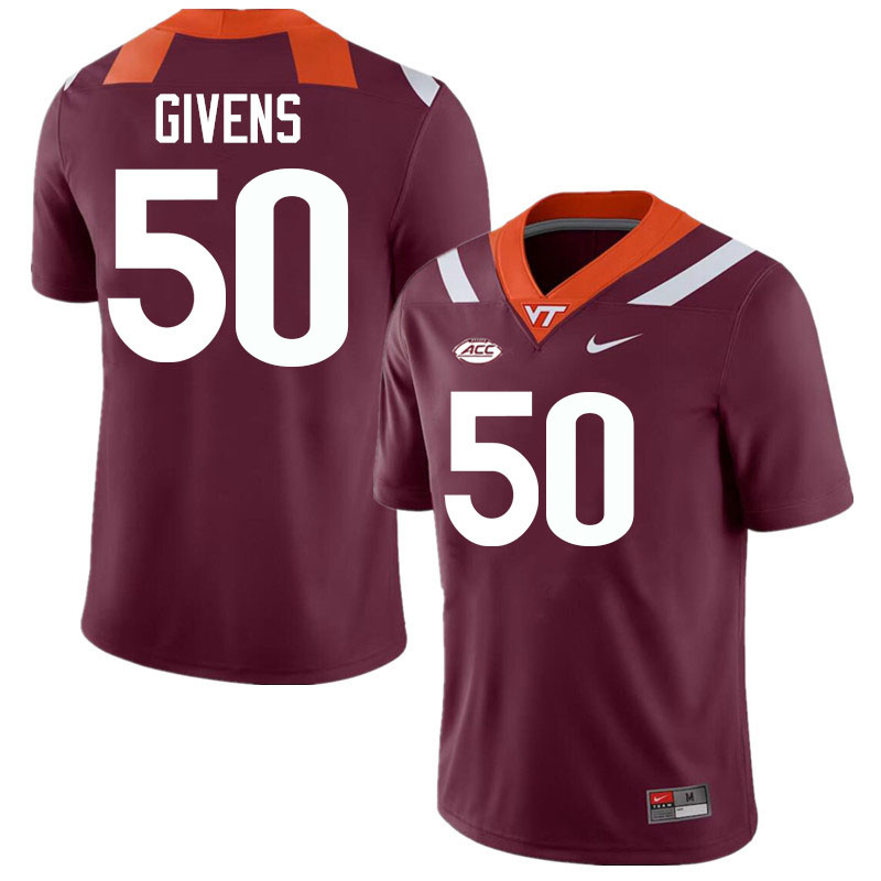 Men #50 Gunner Givens Virginia Tech Hokies College Football Jerseys Stitched-Maroon